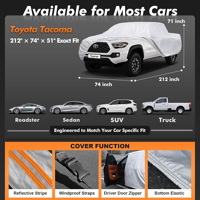 Car Cover Waterproof All-Weather,Heavy-Duty Outdoor Full Exterior Automobiles Truck(Length up to 210 inch) with Windshield Sun Shade Universal Fit Nissan Frontier,Ford F100,Chevy S10 etc