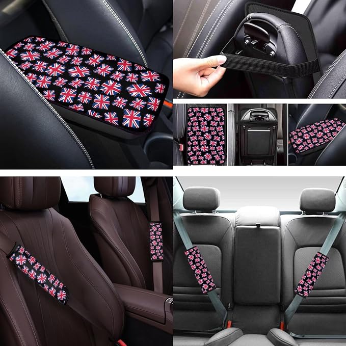 Union Jack 12 Pcs Car Seat Covers with Steering Wheel Cover,Seat Belt Covers Cup Holder with Keychain Automotive Protector Set Unverisal Fit Cars SUV