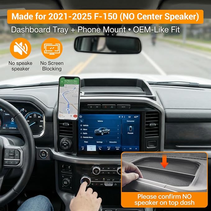 Dashboard Phone Holder Compatible with 2021-2025 Ford F150 Without Speaker Center Console Organizer Dashboard Phone Multi-Mount Kit for F150 Accessories(f150 2021-2025 w/o sub)