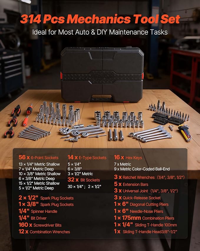 VEVOR Mechanics Tool Set, 314-Piece Mechanic Tool Kit, 1/4 in, 3/8 in, and 1/2 in Drive, Metric Socket Set, Wrenches, Screwdriver Bits, Accessories, and Storage Case, for Automotive and Home Repair