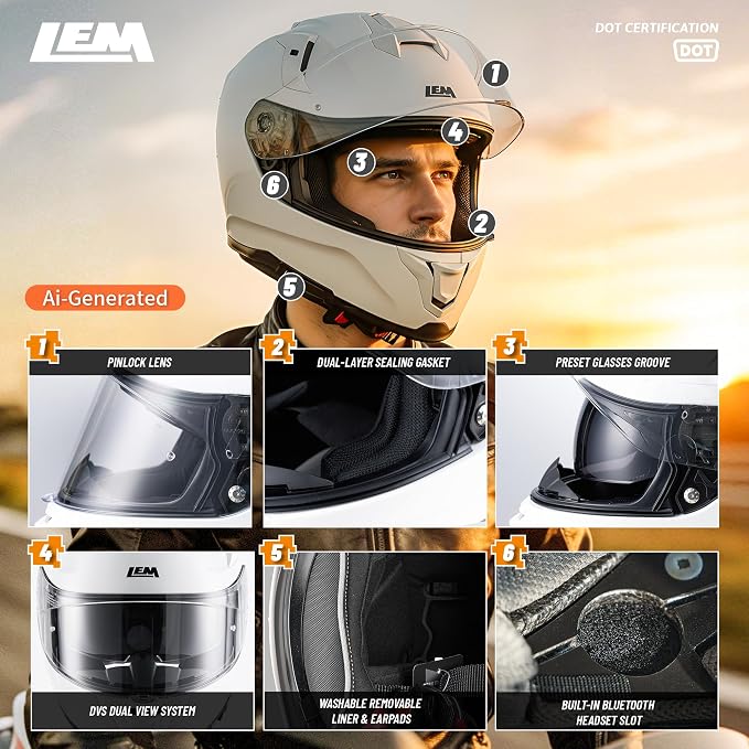 LEM Motorcycle Helmets Full Face for Men, Motorcycle Helmet for Adults, DOT Certified, PINLOCK & DVS Dual Vision, Motorcycle Street Bike Helmet, Bluetooth Speaker Pockets (White X-Large) VZN FP09
