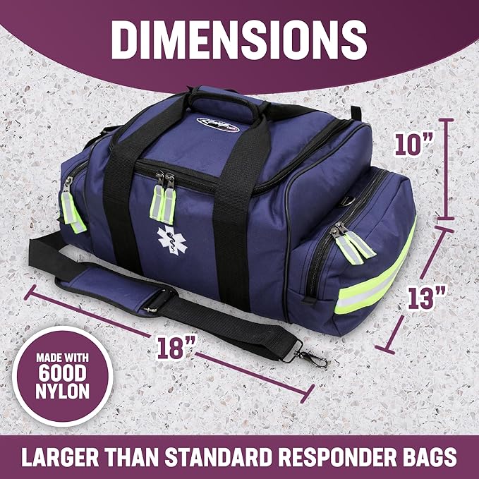 Kemp USA Maxi Trauma Bag Navy Blue Large EMT First Responder Medical Supply Storage Water Resistant 600D Nylon First Aid Survival Gear Organizer with Reflective Trim Adjustable Strap