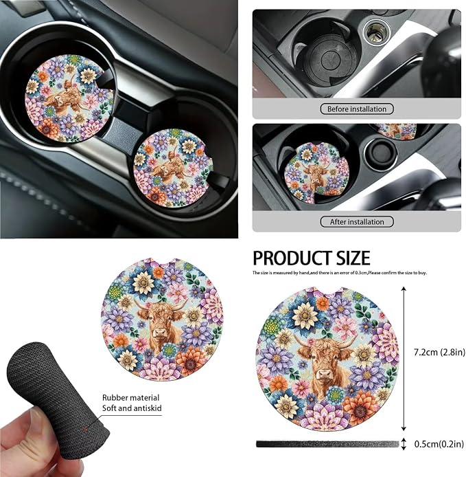 Boho Mandala Highland Cattle Pattern Car Accessories Car Seat Covers Full Set with Steering Wheel Covers+Seat Belt Pads+Coasters+Keychain+Lipstick Holder Universal Fit(13 Pack)