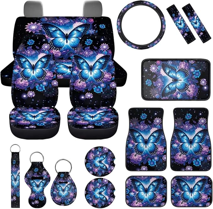 Blue Butterfly Car Seat Covers Full Set of 17 Pcs,Blue Butterfly Car Accessories with Ca Rubber Floor Mats Steering Wheel Cover Armrest Pad Butterflies Automotive Interior Sets,Universal Fit