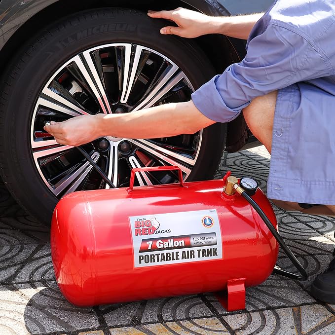 BIG RED T88007 Torin Portable Horizontal Air Tank with 36" Hose, 7 Gallon Capacity, Red