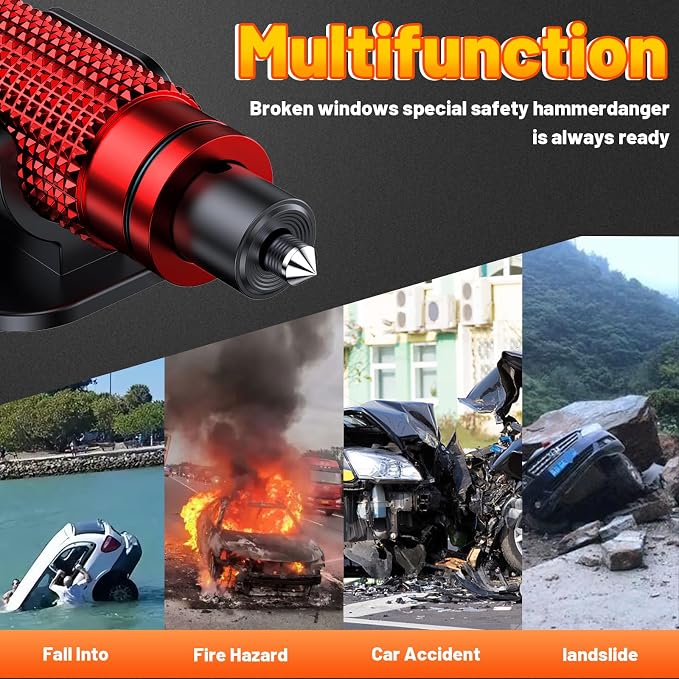 smosun Safety Hammer - Safe Hammer Glass Breaker Under Water, Upgraded Antiskid, Car Hammer Seatbelt Cutter Car Window Breaker Emergency Escape Tool, Safe Hammer Glass Breaker for New Cars (2PCS Red)