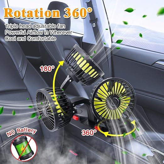 Triple-Head Fan for Car, Portable Car Fans for Vehicles Cars RV Vent with 360°Rotation Cigarette Lighter Plug