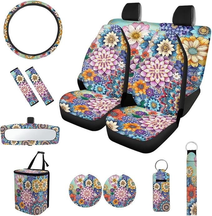 Multicolor Car Accessories Set: 12 Pack - Universal Fit Car Seat Cover Set - Polyester, Neoprene - Car, Van, SUV