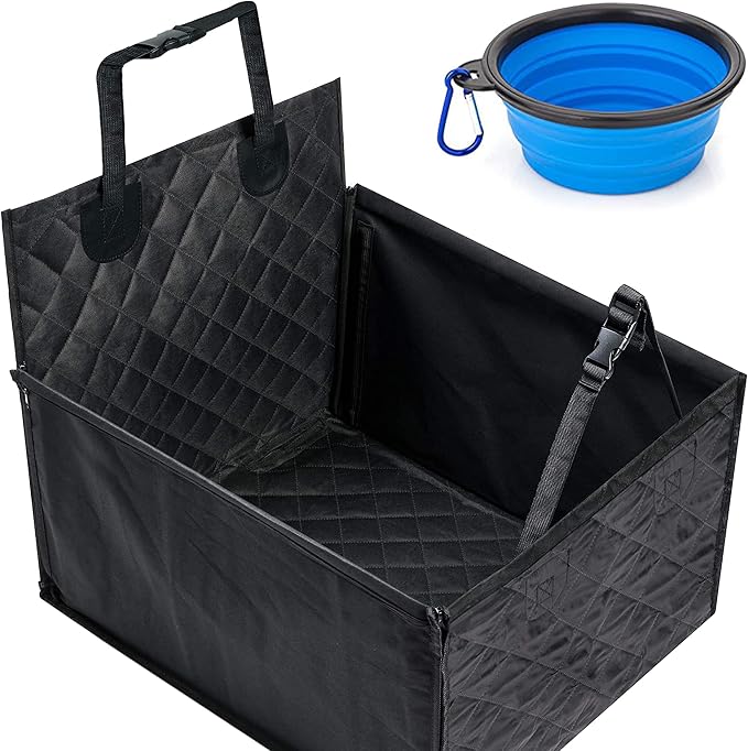 Dog & Pet Car Seat for Front Seat - 23.7'' x 20.9'' x 13.8'' - Robust Fiberglass Rods - Quilted Seat Surface and Anti-Slip Coating - Dog Car Accessories - Plus: Foldable Bowl