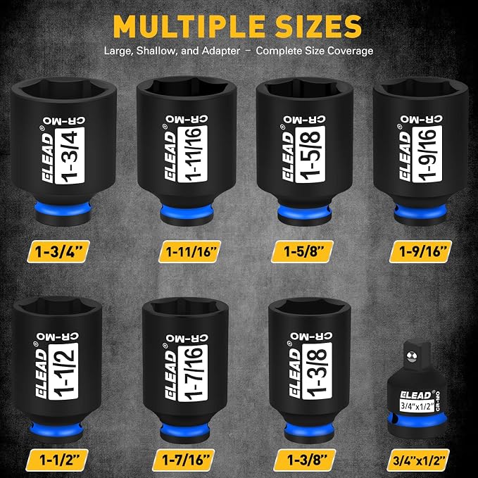 1/2'' Drive Deep Impact Socket Set, 8-Piece SAE Wheel Axle Nut Wrench Large Sockets Standard Adapter 1-11/16 1-9/16 1-3/8 1-7/16 1-1/2 1-5/8 1-3/4 Imperial Spindle Joint Torque Bearing Locknut Truck