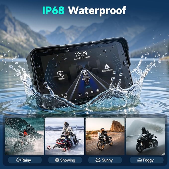 5 Inch Motorcycle CarPlay Screen with TPMS Sensors, Wireless Android Auto, Handlebar Control Power Cable, IP68 Waterproof Portable Motorcycle GPS Display
