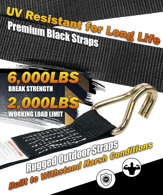 2 Inch Ratchet Straps 6 Pack, 15ft Heavy Duty Tie Down Straps with J Hooks, 6000 LBS Break Strength, 2000 LBS Working Load, Cargo Ratchet Straps for Truck Trailer ATV Motorcycle