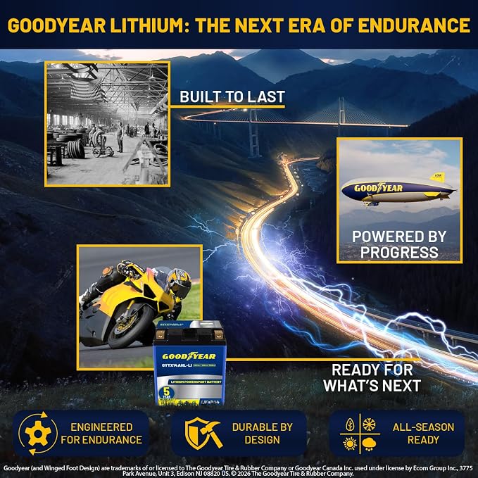 Goodyear GYTX14AHL-LI Lithium LiFePO4 12.8V 400CCA Rechargeable High Performance Powersport Battery with Smart BMS Replacement for Motorcycle, ATV, UTV, Scooter, Watercraft, Jet Ski, and Snowmobile