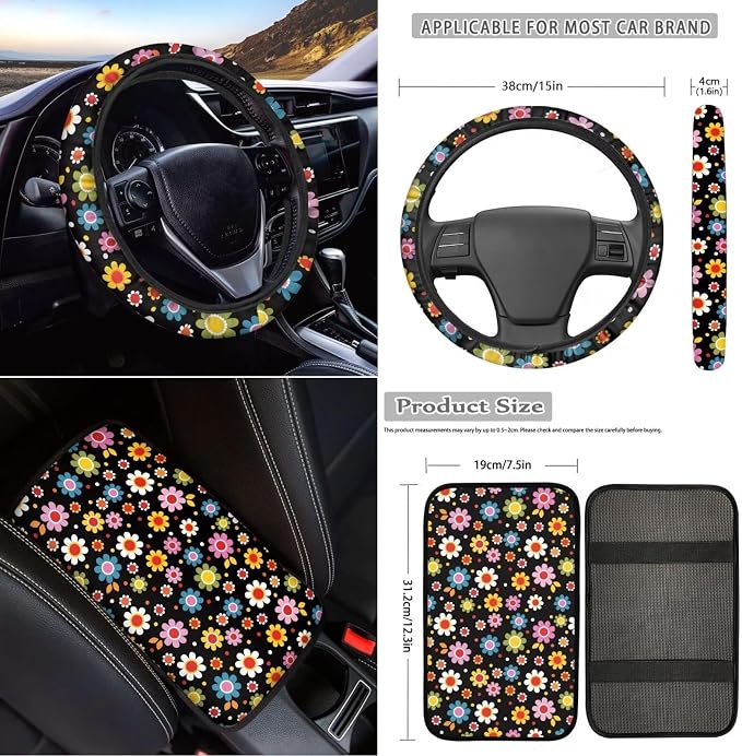 18Pcs Groovy Flower Car Seat Set - Steering, Headrest, Console, Handbrake, Seat Belt, Coaster & Keychain Covers