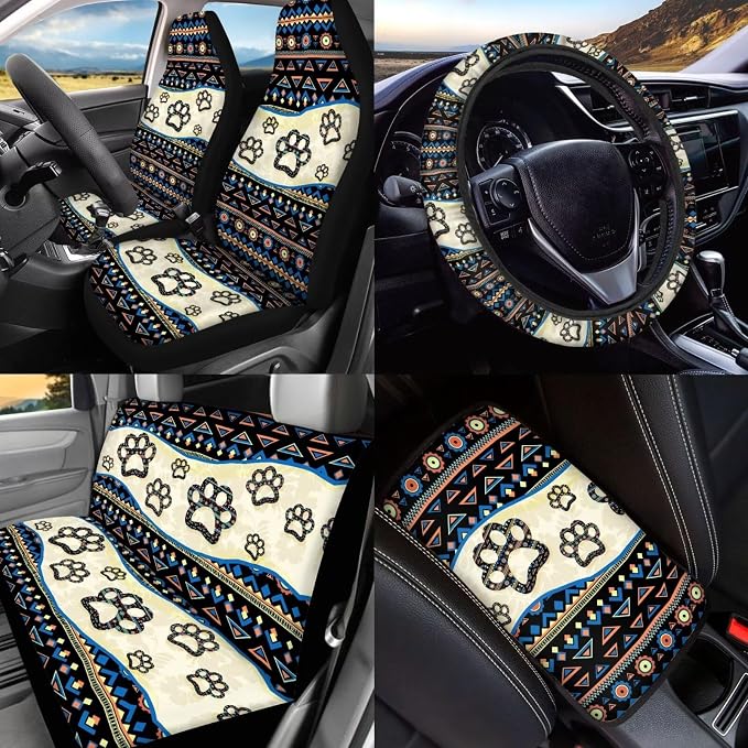 BIGCARJOB 15 Pack Southwest Tribal Paw Car Seat Cover Full Set Auto Seat Headrest Cover Universal Steering Wheel Cover Car Trash Can Hanging Automotive Interior Sets
