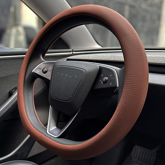 PINCTROT Nappa Leather Steering Wheel Cover for Tesla Model Y/3 Highland/Juniper, D Shaped 14 Inch Small Sized with Breathable Perforation, Fit Like Gloves, Flat Bottom 14 Inch(Nappa Brown)