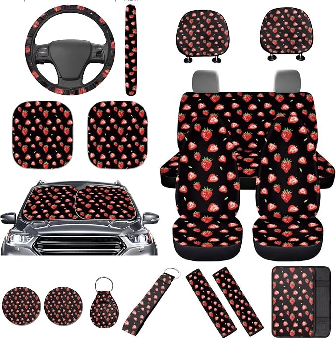 16 Pcs Strawberry Car Seat Covers Full Set Black Car Sunshade for Windshield Auto Steering Wheel Cover Armrest Cushion Head Rest Protector Seat Belt Covers with Keychain Fruit Accessories