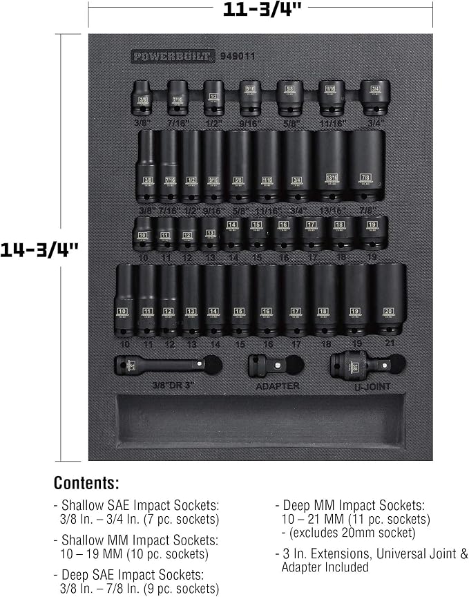Powerbuilt 40 Piece Impact Socket Set, 3/8 Inch Drive, 6 Point Z-Drive, SAE and Metric Sockets, Tool Organizer Tray, Pro Tech Series Black 949011