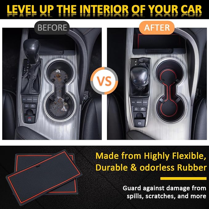 TOPINSTALL Black Center Console Tray and Red Rubber Liners Compatible with 2018-2024 Camry Accessories, Interior Armrest Storage Console Organizer Non-Slip Cup Holder Door Pocket Rubber Mats