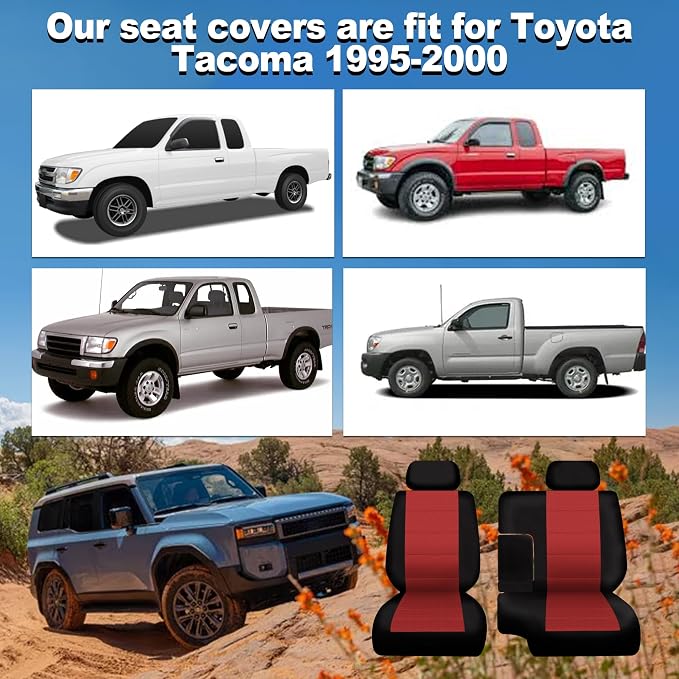 60/40 Split Bench Seat Covers for Toyota Tacoma 1995 1996 1997 1998 1999 2000 Heavy Duty Cloth Protector Interior Accessories with Console Covers，Waterproof & Machine Washable,Red