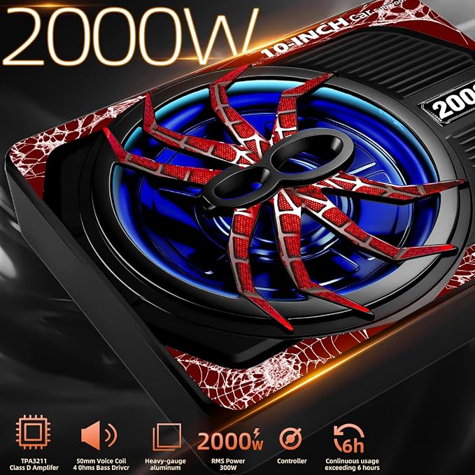 2000W Under Seat Subwoofer with Amp 10" Subwoofer and Amp Package Slim Subs | LED Ambient Light, Deep Bass, LPF/Gain/Bass Boost Controls, Compact Low Profile Design for Powerful Sound in All Vehicles