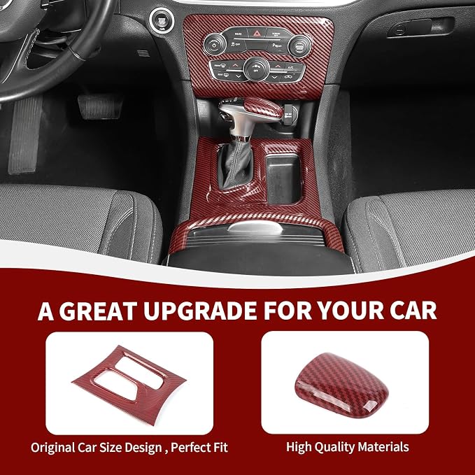 RAZPOY 5PCS Red Carbon Fiber Interior Trim Kit Compatible with 2015-2023 Dodge Charger Accessories, Gear Shift Cup Holder Cover Headlight Switch Air Conditioning Panel Trim