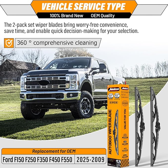 AUTOBOO 22"+22"Windshield Wipers Replacement for Ford F150 F250 F350 F450 F550 2025-2021 2020 2019 2018 2017 2016 2015 2014 2013 2012 2011 2010 2009 -Original Factory Quality Wiper Blades (Pack of 2)