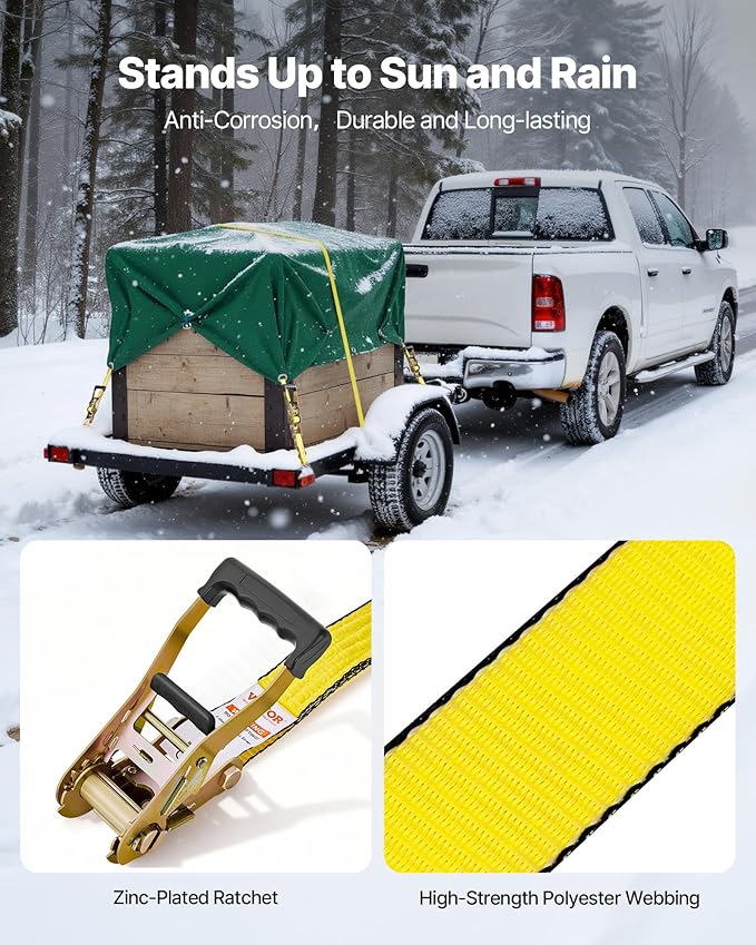 VEVOR Ratchet Tie Down Straps (4-Pack), 10000 lb Break Strength, Heavy Duty Double J Hooks, 2" x 27' with Padded Handles - Ideal for Moving, Securing Cargo, Appliances, Lawn Equipment, and More