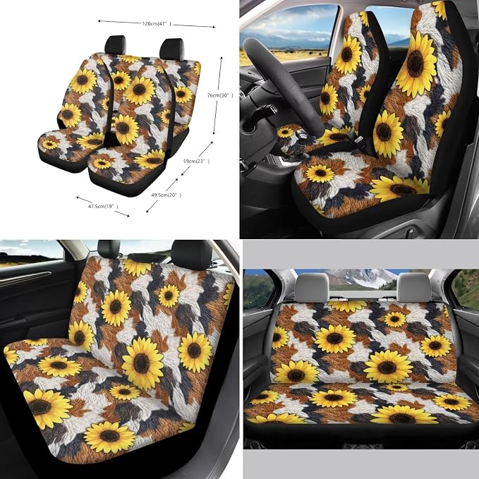 Suobstales Sunflower Cow Print Car Seat Covers Full Set for Women Men Seat Cover Protector Auto Decorative with Steering Wheel Cover + Seat Belt Covers + Coasters + Keychains