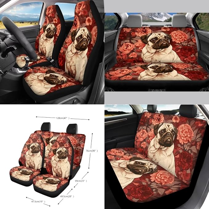 Pug Dog Flower Print Auto Seat Cushion + Steering Wheel Protector + Coaster + Mirror Cover + Seatbelt Pad + Trash Can + Air Vent Storage Poacket + Keychain, Set of 15