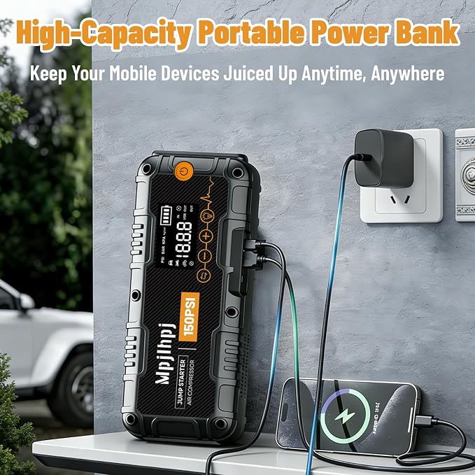Jump Starter with Air Compressor, 4000A Portable Car Battery Jump Starter (10L Gas/8L Diesel), 12V Jump Pack with 150PSI Auto-Shutoff Tire Inflator, LED Light, Gloves & Car Emergency Kit