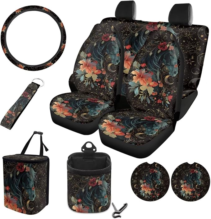Horse Hibiscus Moon Star Pattern Print 10 Pack Car Accessories, Front and Rear Seat Covers Car Trash Bin Steering Wheel Cover Cup Holders Keychain Air Vent Storage Bag Car Interior Decor