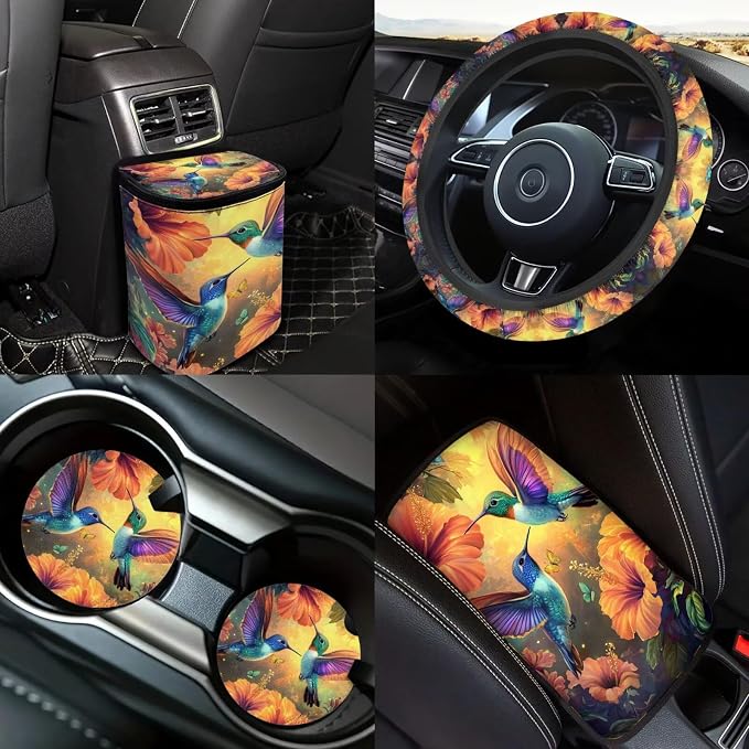 Hummingbird Flower Car Seat Covers Full Set 18 Pcs Hummingbird Print Car Accessories Full Set Steering Wheel Cover Universal Fit Car Headrest Covers Car Seat Belt Pads Cover Keychain