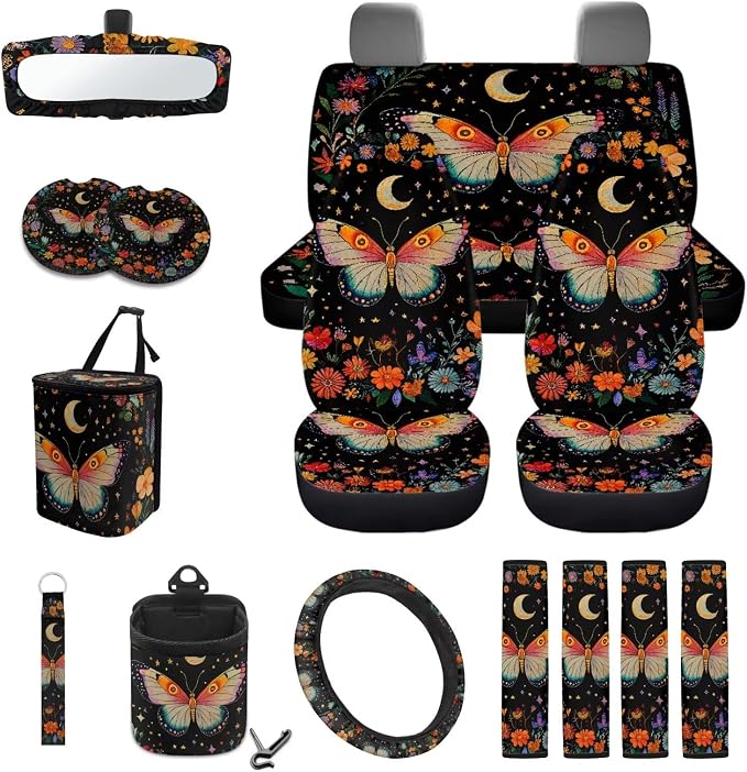 Flower Butterfly Moon Car Seat Cover Full Set 15 PCS, with Steering Wheel Cover Seat Belt Pad Garbage Bag Air Vent Bag Rearview Mirror Cover Coaster Key Chain Universal Fit for SUV