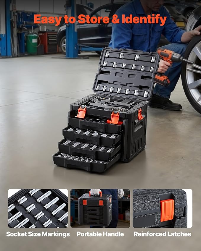 VEVOR Mechanics Tool Set, 230-Piece Mechanic Tool Kit, 1/4 in, 3/8 in, and 1/2 in Drive, SAE and Metric Socket Set, Wrenches, Screwdriver Bits, Accessories, and Storage Case, for Automotive Repair