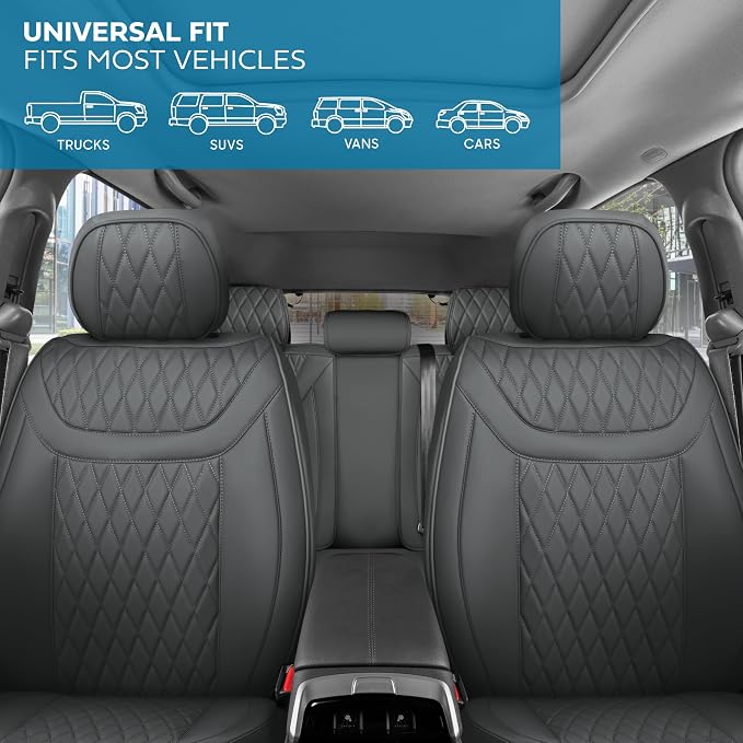 MotorBox Creekstone Series – PU Leather Car Seat Covers Full Set, Cross-Stitch Edition Leather Seat Covers, Diamond Stitched PU Leatherette Gray Seat Covers for Cars Trucks SUVs