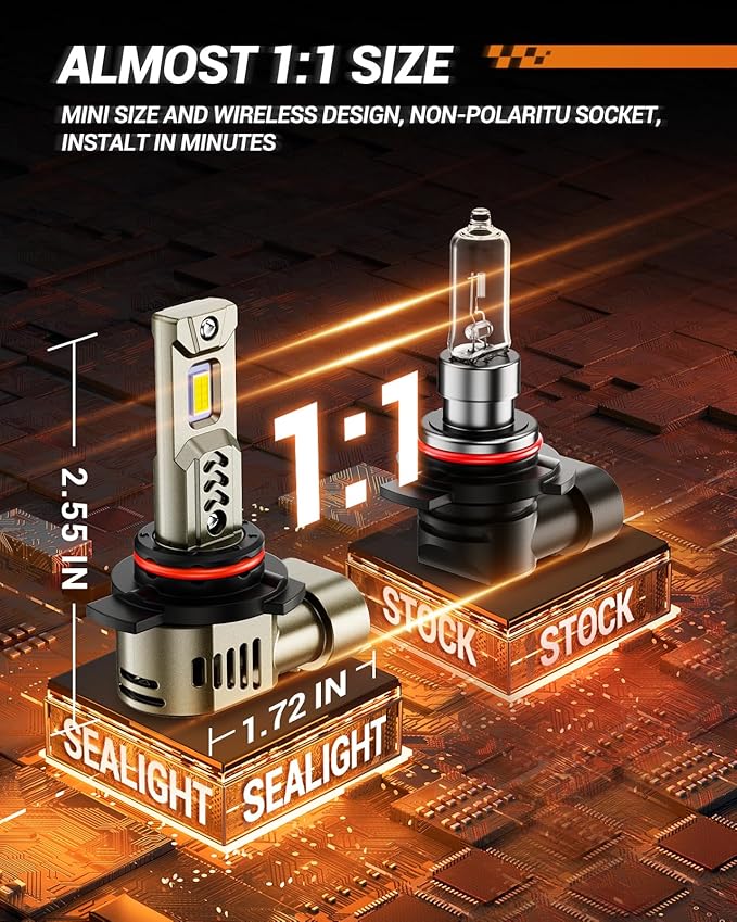 SEALIGHT 9012/HIR2 Light Bulbs, 10X 45000LM Super Brighter, 6500K Cool White HIR2/9012 LED Bulb with Cooling Fan, 1:1 Mini Size, 3MIN Plug N Play, Pack of 2