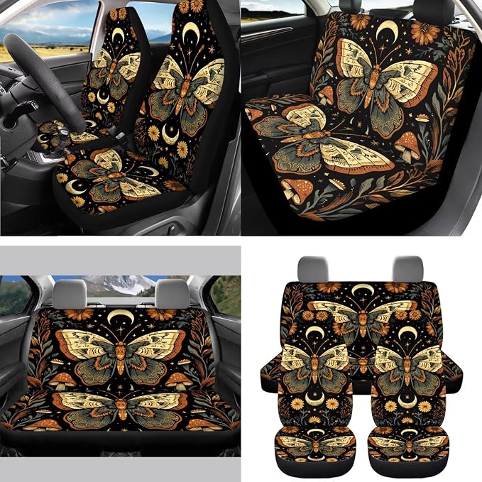 Moon Butterfly Car Seat Covers Full Set 15 Pcs Universal Car Accessories Steering Wheel Cover Seat Belt Pads Garbage Bag Car Headrest Pillow Covers Armrest Pad