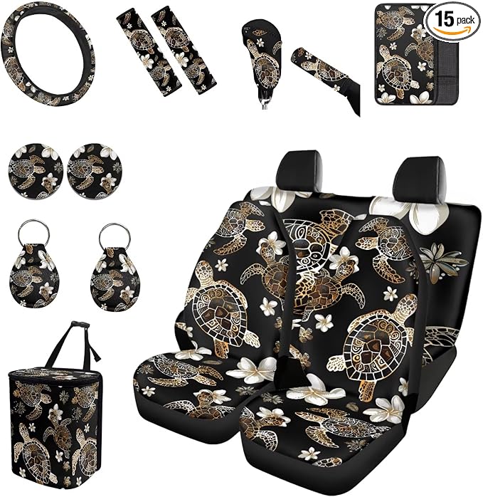 Forchrinse 15Pack Sea Turtle Car Accessories Set Hawaiian Hibiscus Car Seat Cover Full Set+Steering Wheel Cover+Car Trash Can+Seatbelt Cover+Coaster+Keychain