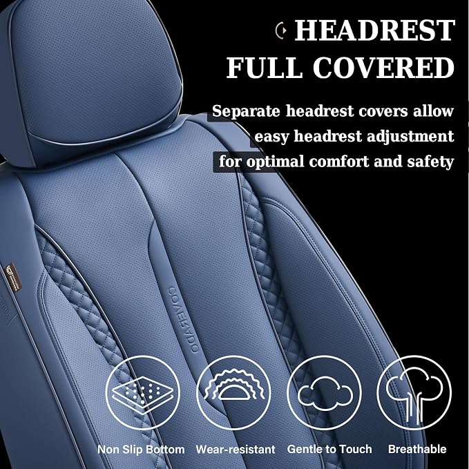 Coverado Car Seat Cover Front Seats, Blue Seat Covers Front Seats, Nappa Leather Waterproof, Car Seat Cushion, Car Seat Protector Universal Fit Most Cars