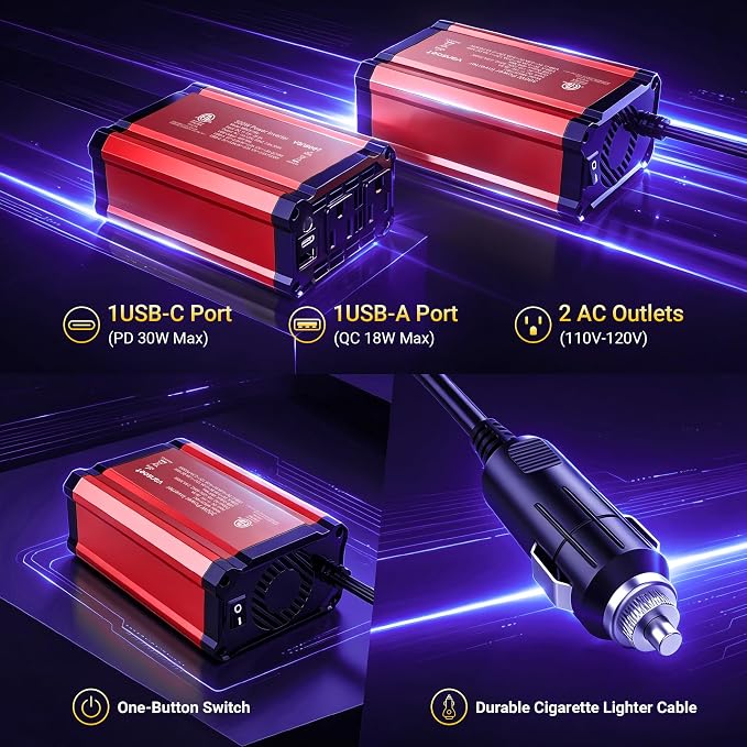 【2026 Upgraded】 300W Car Power Inverter - vansoet DC 12V to 110V AC(2 Outlets) Power Inverters with PD30W & QC18W Fast Charging Port - Car Charger Cigarette Lighter Adapter for Laptop/Phone/Road Trip