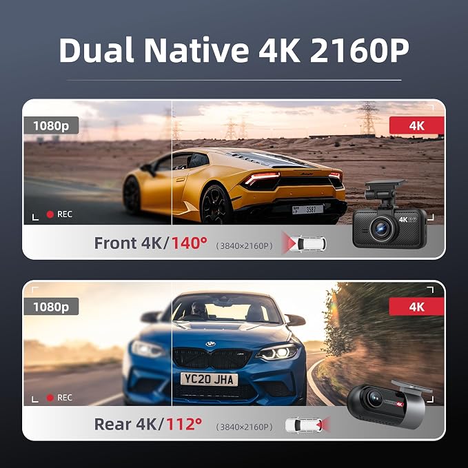 Dash Cam Front Rear, 4K Front + 4K Rear Full HD Dash Camera for Cars Built-in Wi-Fi Bluetooth GPS with 64GB SD Card, 3.0” IPS Screen with App Control, G-Sensor, HDR, Night Vision, 24H Parking Mode
