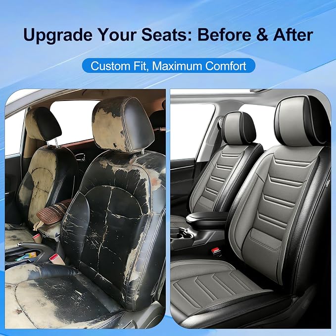Fit CTS Car Seat Covers for Select Cadillac CTS 2003-2019, Premium Full Coverage Leather, Airbag Compatible & Scratch-Resistant, Waterproof & All Weather Seat Protector, Full Set, Black+Gray