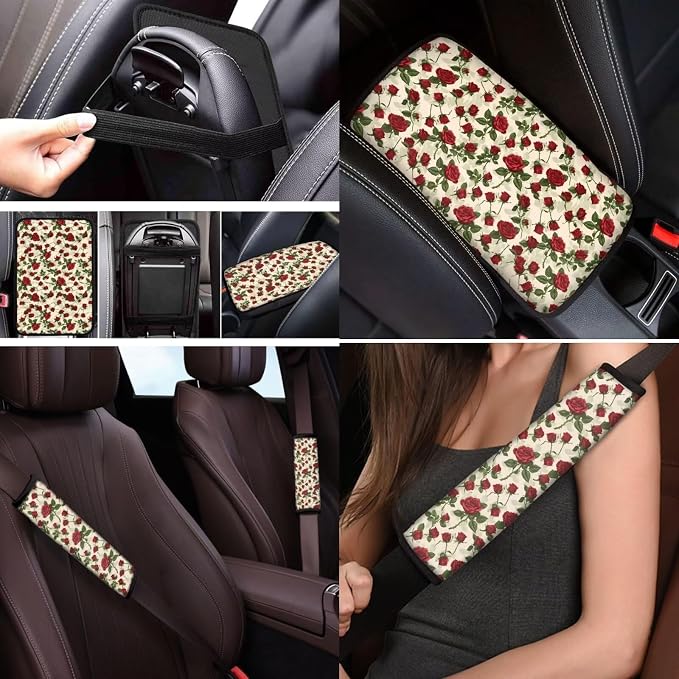 Mumeson Red Flowers Car Seat Covers Full Set with Steering Wheel Cover + Safety Seat Belt Pads + Armrest Cushion Pad Set Auto Accessories for Womens Mens Universal Fit