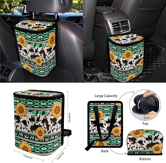 Aztec Sunflower Cowhide Print 15Pcs Car Seat Cover Full Set Car Steering Wheel Cover Seat Belt Cover Trash Bin Air Vent Storage Box Front Rear View Mirror Car Cup Holder Keychain