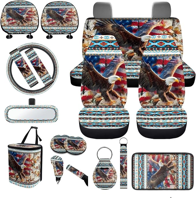 American Flag Eagle Car Seat Covers Full Sets 18 Pcs Aztec Tribal Car Accessories Set with Car Seat Belt Pads Cover Universal Fit Car Headrest Covers Car Trash Can Steering Wheel Wrap