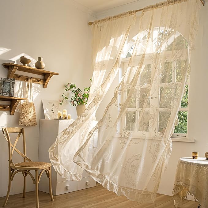 Sutuo Home Beige Lace Curtains 2 Panels for Bedroom Living Room 108 Inches Long, Vintage Embroidered Floral Rose Sheer Curtains, Privacy Shabby Chic Windows Treatment Pair, Rod Pocket, W57 x L108
