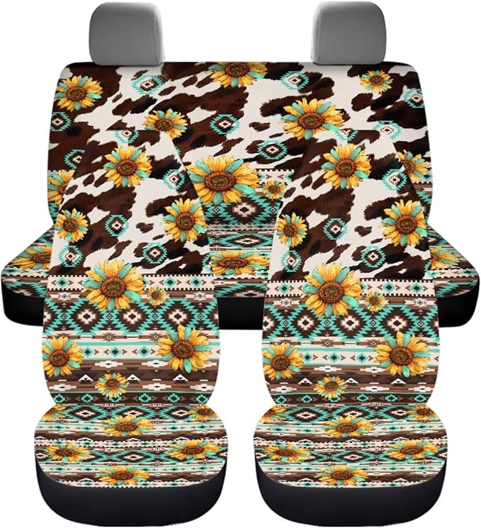 Dreaweet Sunflower Aztec Cow Seat Covers for Trucks SUV Cars Full Set with Car Steering Wheel Cover,Center Console Cover,Car Coasters,Seatbelt Covers,Gear Shift Cover,Handbrake Cover,Set of 12