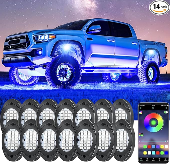 14 Pods RGB LED Rock Lights, Underglow Multicolor Neon Light Kit Wheel Well Light with APP Control & Music Mode, Under Glow Lights for Trucks,Jeep,SUV,Golf Cart,ATV,Pickup Off Road,12 V