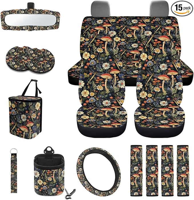 Dragonfly Mushroom Daisy 15Pcs Car Seat Cover Sets Car Steering Wheel Cover Seat Belt Cover Trash Bin Air Vent Storage Box Front Rear View Mirror Car Cup Holder Keychain
